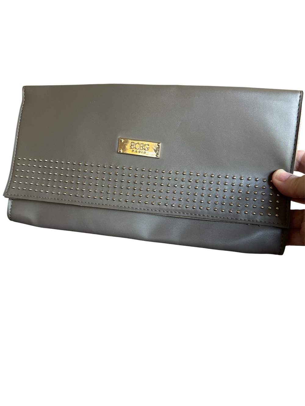 BCBG Paris Studded Gray Envelope Clutch with Magnetic Closure